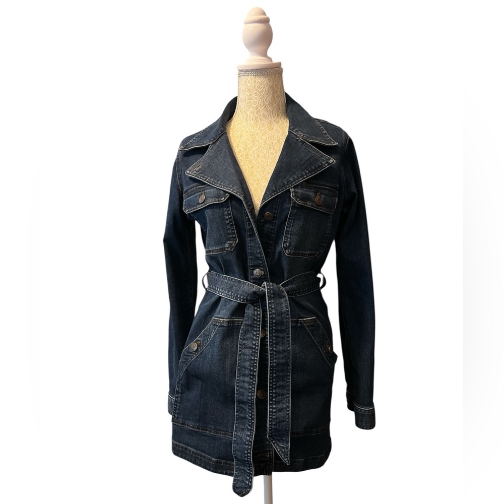 Classic Dark Blue Denim Jacket with Belt from Duluth Trading Co